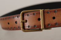 Thumbnail for Elegant Brown Leather Belt with Brass Buckle