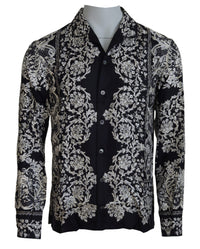 Thumbnail for Blue Silk Floral Baroque Satin Casual Shirt