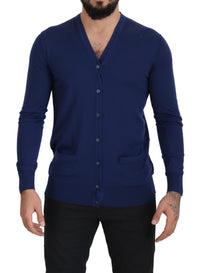 Thumbnail for Elegant Virgin Wool Blue Cardigan Sweater
