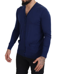 Thumbnail for Elegant Virgin Wool Blue Cardigan Sweater