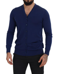 Thumbnail for Elegant Virgin Wool Blue Cardigan Sweater
