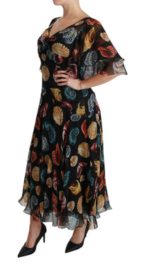 Thumbnail for Elegant Sea Shells Print Silk Midi Dress