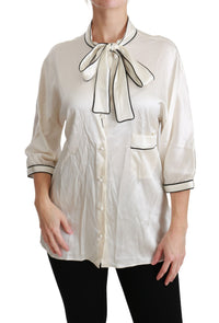 Thumbnail for Elegant Beige Silk Blouse with Bow Scarf