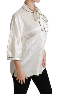 Thumbnail for Elegant Beige Silk Blouse with Bow Scarf