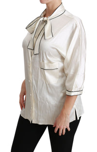 Thumbnail for Elegant Beige Silk Blouse with Bow Scarf