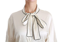 Thumbnail for Elegant Beige Silk Blouse with Bow Scarf