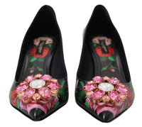 Thumbnail for Black Floral Print Crystal Heels Pumps Shoes