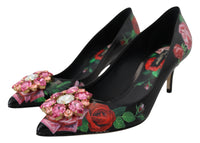 Thumbnail for Black Floral Print Crystal Heels Pumps Shoes