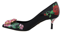 Thumbnail for Black Floral Print Crystal Heels Pumps Shoes