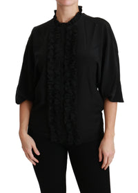 Thumbnail for Elegant Black Silk Short Sleeve Blouse