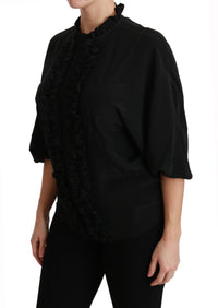 Thumbnail for Elegant Black Silk Short Sleeve Blouse