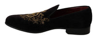 Thumbnail for Elegant Black Loafers with Gold Crown Embroidery