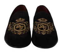 Thumbnail for Elegant Black Loafers with Gold Crown Embroidery