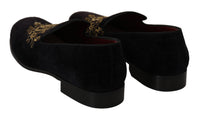 Thumbnail for Elegant Black Loafers with Gold Crown Embroidery