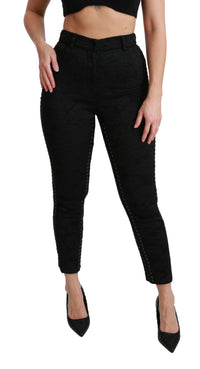 Thumbnail for Elegant High Waist Skinny Black Brocade Pants