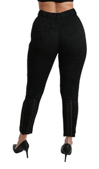 Thumbnail for Elegant High Waist Skinny Black Brocade Pants