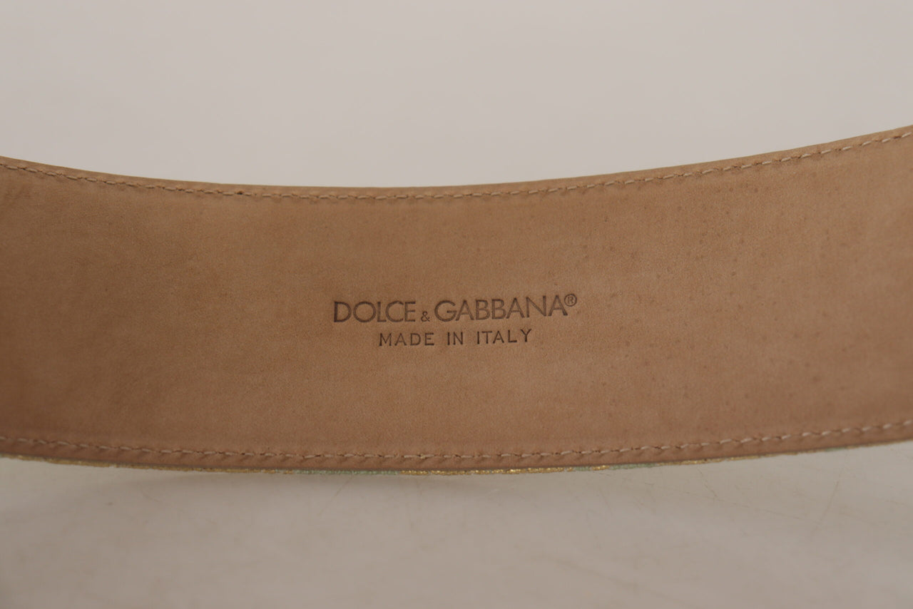 Engraved Buckle Leather Belt - Green & Gold