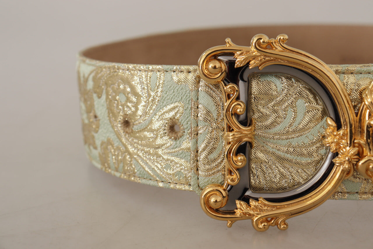 Engraved Buckle Leather Belt - Green & Gold