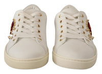 Thumbnail for White Leather Gold Red Heart Sneakers Shoes