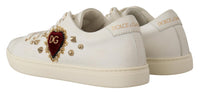 Thumbnail for White Leather Gold Red Heart Sneakers Shoes