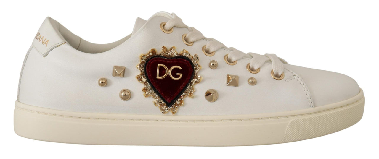 White Leather Gold Red Heart Sneakers Shoes