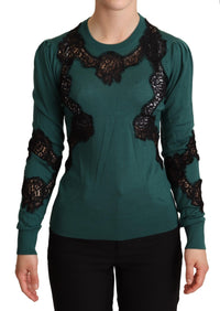 Thumbnail for Elegant Green Pullover with Black Lace Detail