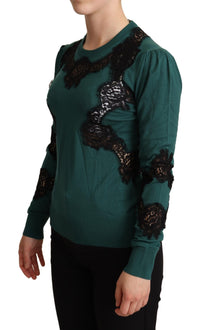 Thumbnail for Elegant Green Pullover with Black Lace Detail