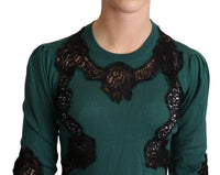 Thumbnail for Elegant Green Pullover with Black Lace Detail