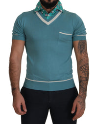 Thumbnail for Blue Silk Polo Top Mens V-neck  T-shirt