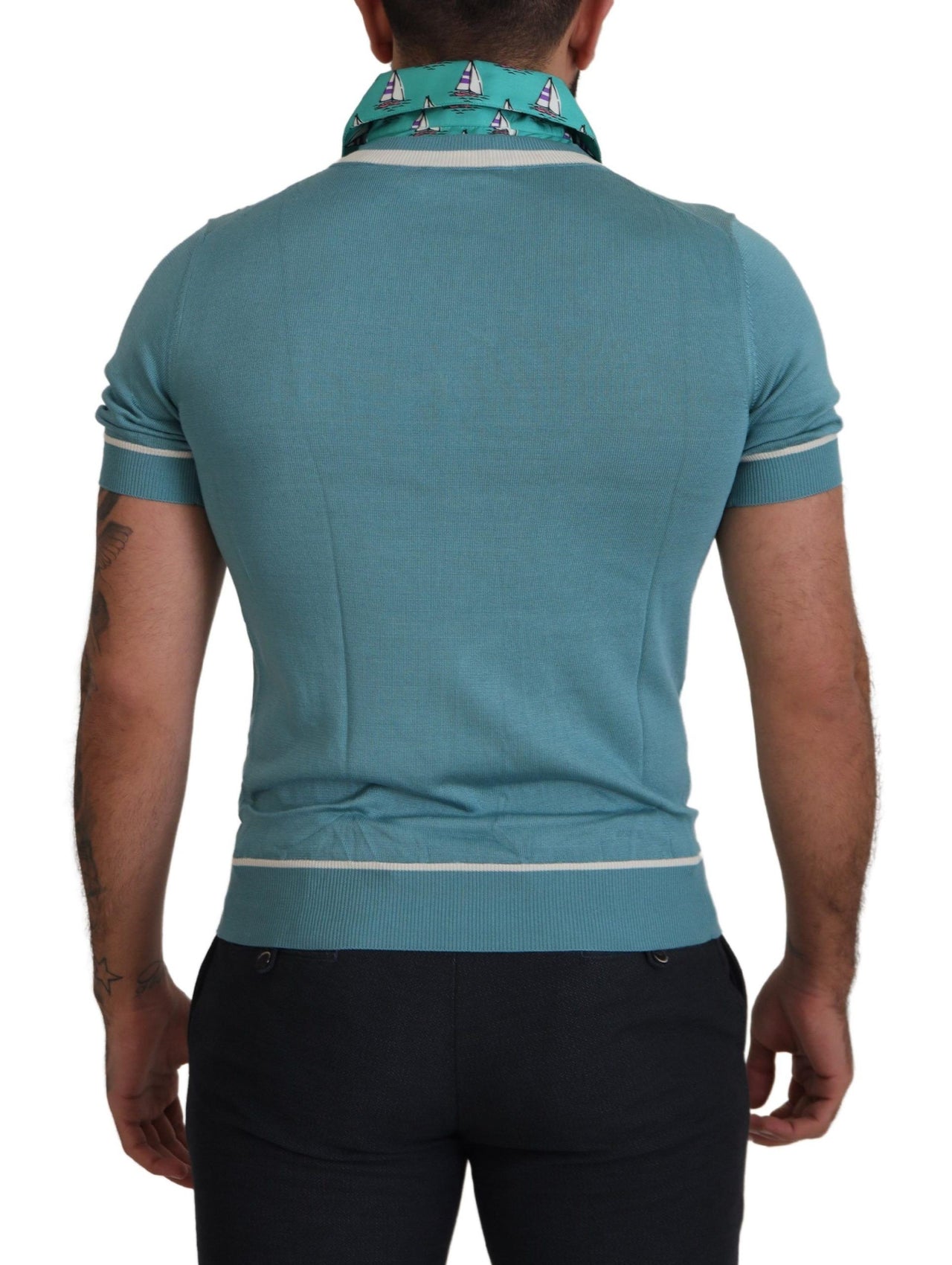 Blue Silk Polo Top Mens V-neck  T-shirt