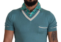 Thumbnail for Blue Silk Polo Top Mens V-neck  T-shirt