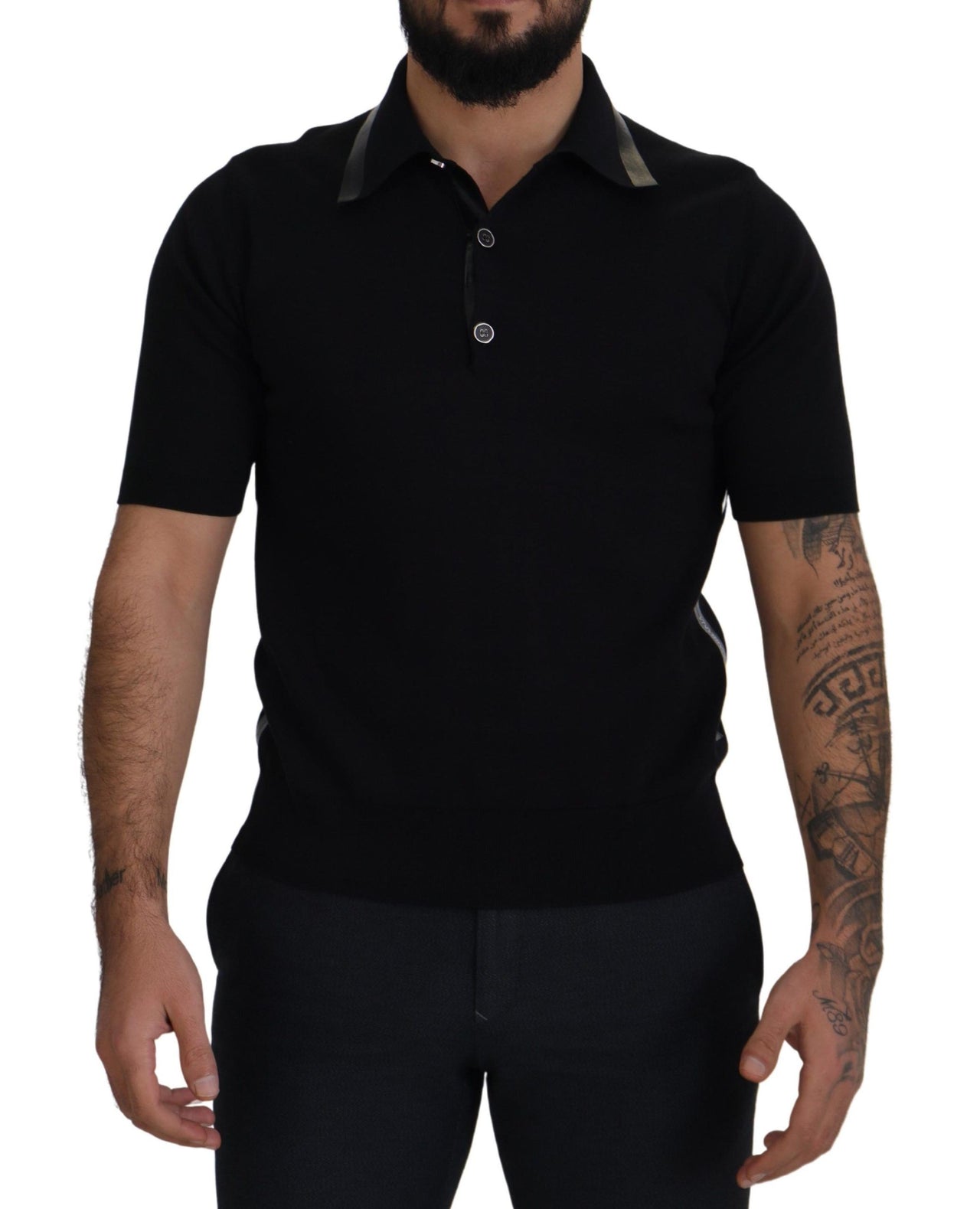 Black Cotton Silk Polo Shortsleeve T-shirt