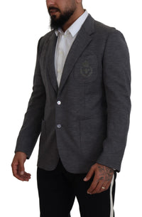 Thumbnail for Elegant Gray Wool Blazer with Bee Crown Embroidery