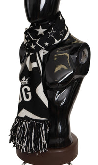 Thumbnail for White Black DG Logo Star Printed Wool Fringe Scarf