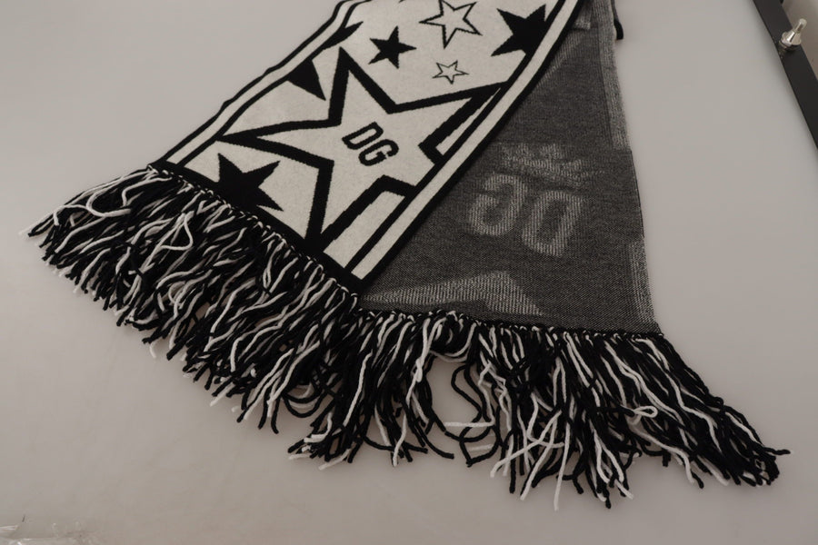 White Black DG Logo Star Printed Wool Fringe Scarf