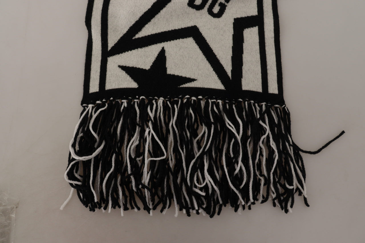 White Black DG Logo Star Printed Wool Fringe Scarf