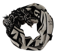 Thumbnail for White Black DG Logo Star Printed Wool Fringe Scarf