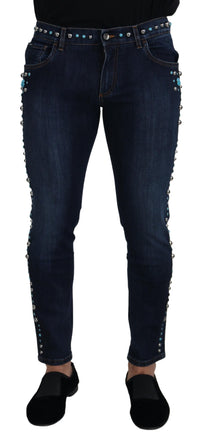 Thumbnail for Blue Cotton Studded Low Waist Denim Jeans