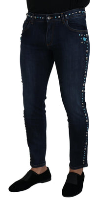 Thumbnail for Blue Cotton Studded Low Waist Denim Jeans