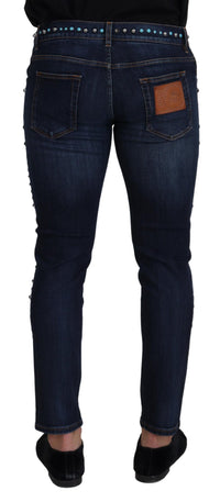 Thumbnail for Blue Cotton Studded Low Waist Denim Jeans