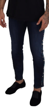 Thumbnail for Blue Cotton Studded Low Waist Denim Jeans