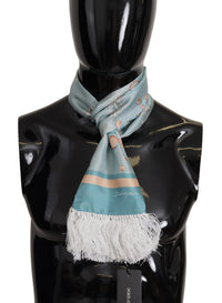 Thumbnail for Blue Silk Shiny Shell-Print Neck Wrap Fringed Scarf