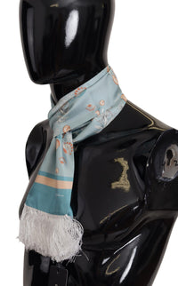 Thumbnail for Blue Silk Shiny Shell-Print Neck Wrap Fringed Scarf