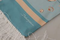 Thumbnail for Blue Silk Shiny Shell-Print Neck Wrap Fringed Scarf