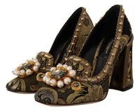 Thumbnail for Gold Crystal Square Toe Brocade Pumps Shoes