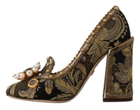 Thumbnail for Gold Crystal Square Toe Brocade Pumps Shoes