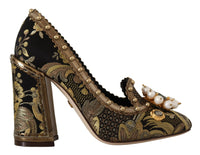 Thumbnail for Gold Crystal Square Toe Brocade Pumps Shoes