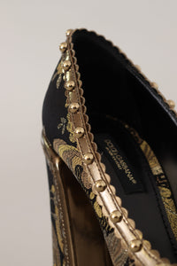 Thumbnail for Gold Crystal Square Toe Brocade Pumps Shoes