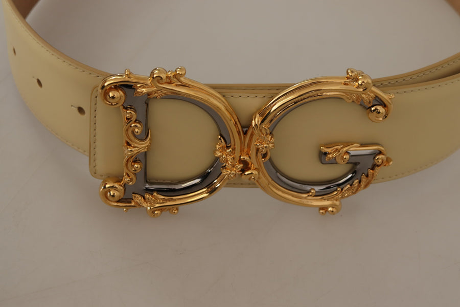 Beige Leather Engraved Buckle Belt