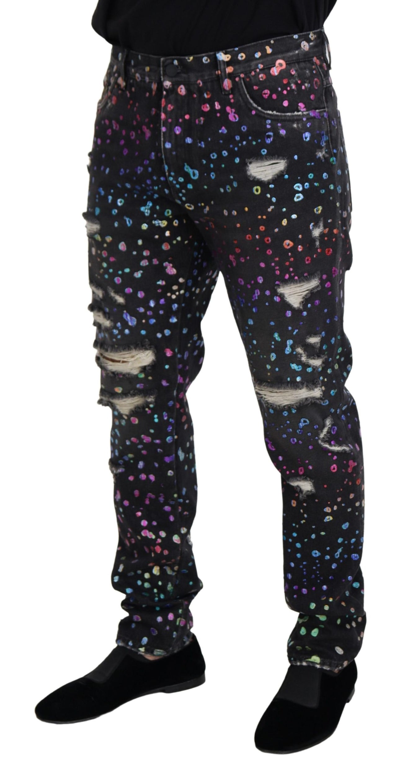 Black Multicolor Print Tattered Denim Jeans